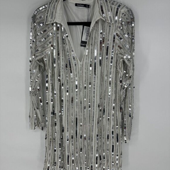 BOOHOO stripe sequin Rugby shiftt dress white and silver UK 14 // US 10  NWT - Picture 2 of 6